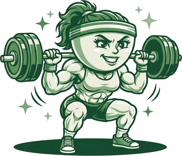 The Bulk Bowl women's line mascot: a muscular bowl in a headband, squatting a barbell