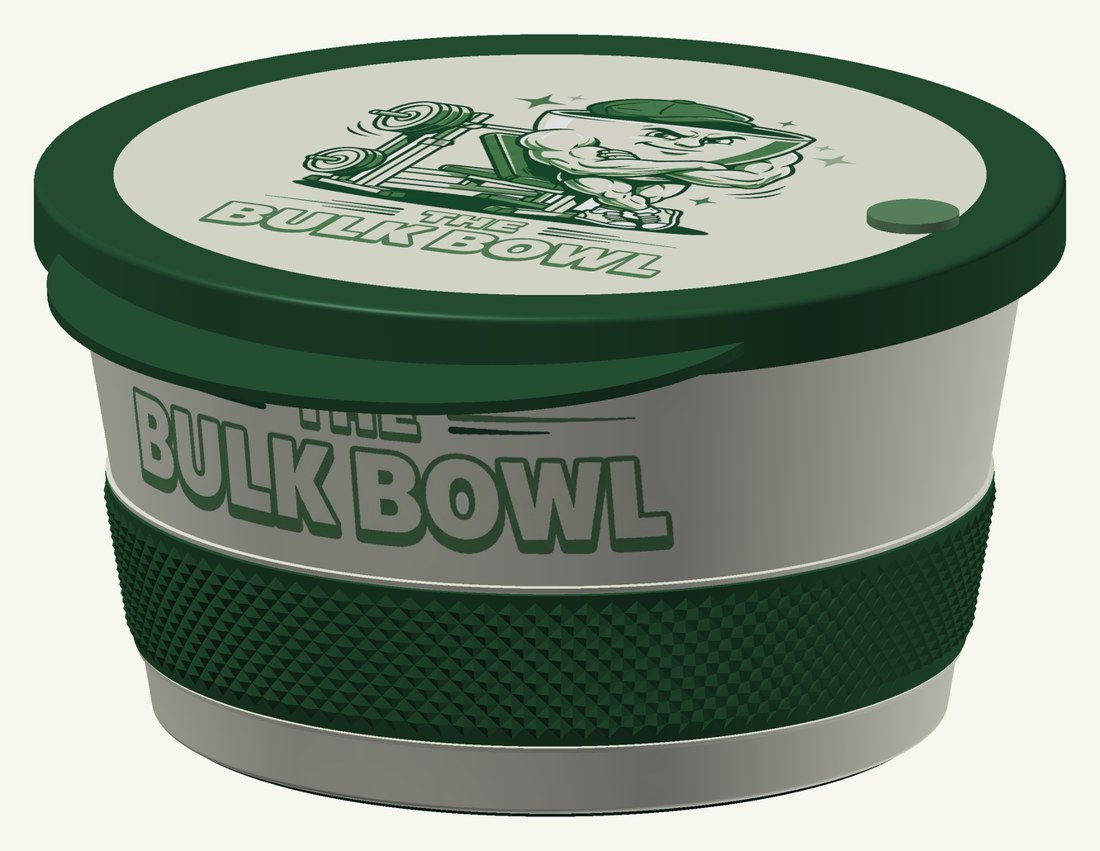 The 2.1 L Bulk Bowl: cream bowl with the Bulk Bowl wordmark, green knurled grip band and green cap-style lid with the mascot logo